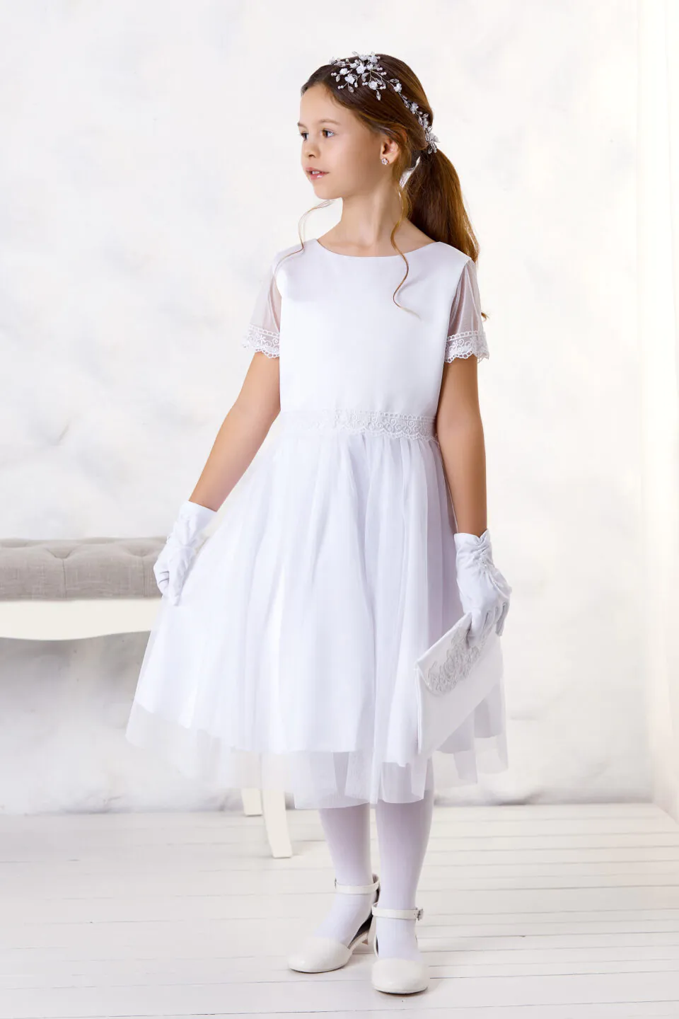 Biała, długa sukienka do komunii Sara .
